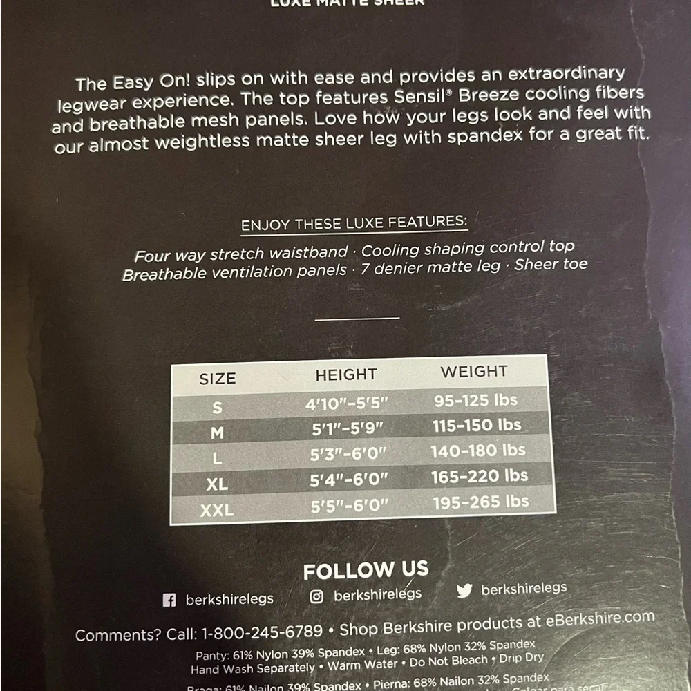 NWT BERKSHIRE The Easy On! Luxe Matte Pantyhose Black Small